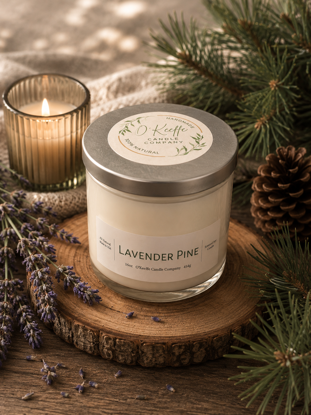 Lavender Pine soy candle with relaxing spa-inspired fragrance in cozy bedroom decor