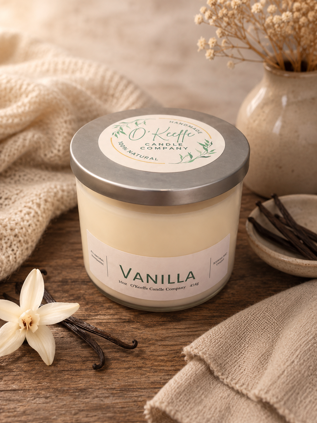 Vanilla soy candle with warm comforting fragrance in modern living room setting