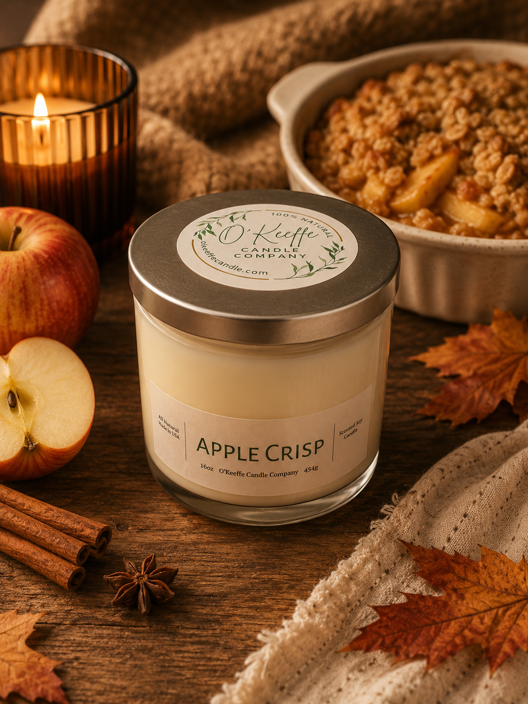 Apple Crisp soy candle with cozy baked apple fragrance in autumn kitchen decor 