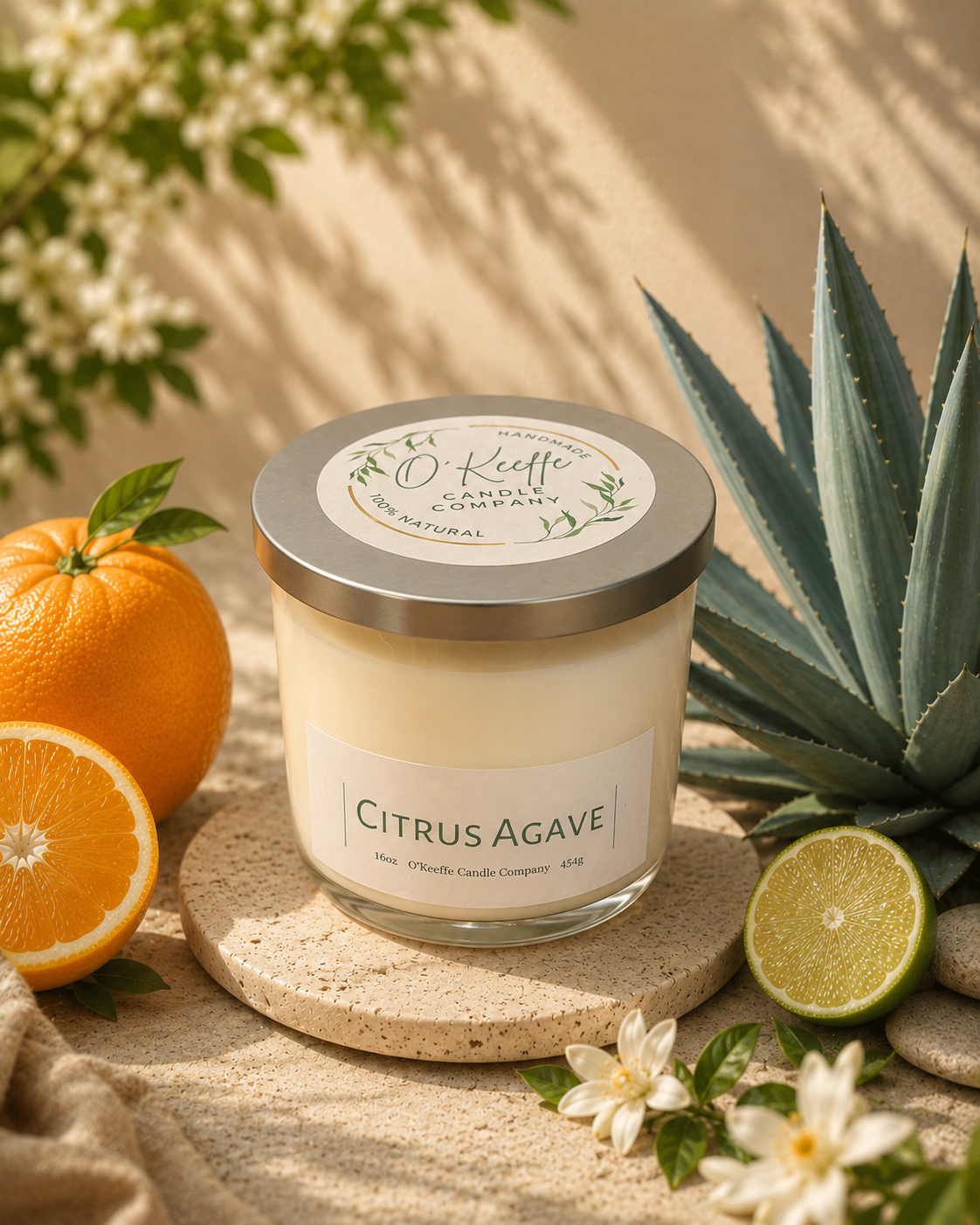 Candle labeled 'Citrus Agave' with oranges, lime, and agave plant on a wooden surface.