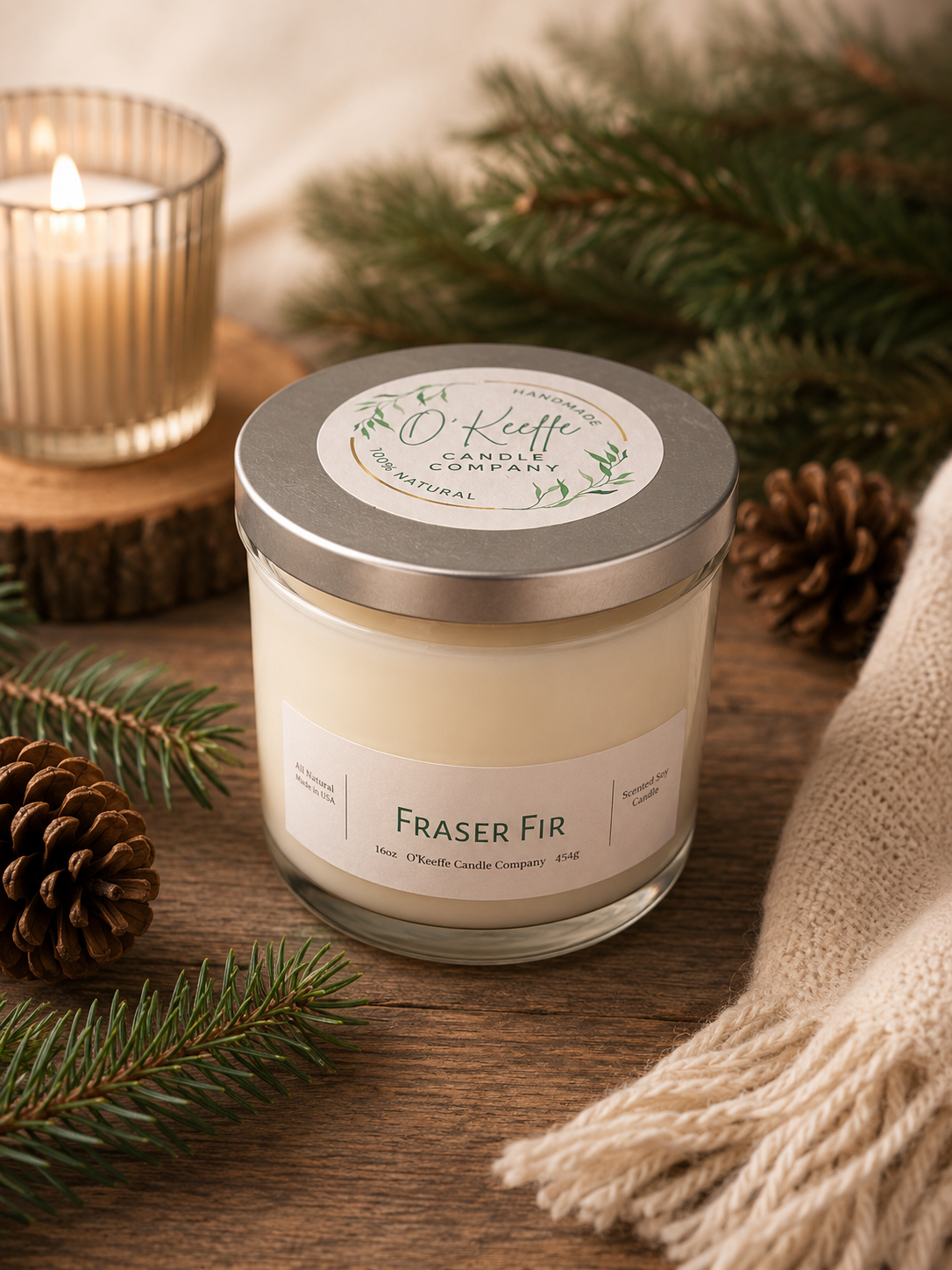 Fraser Fir soy candle with fresh evergreen aroma in festive winter home setting 