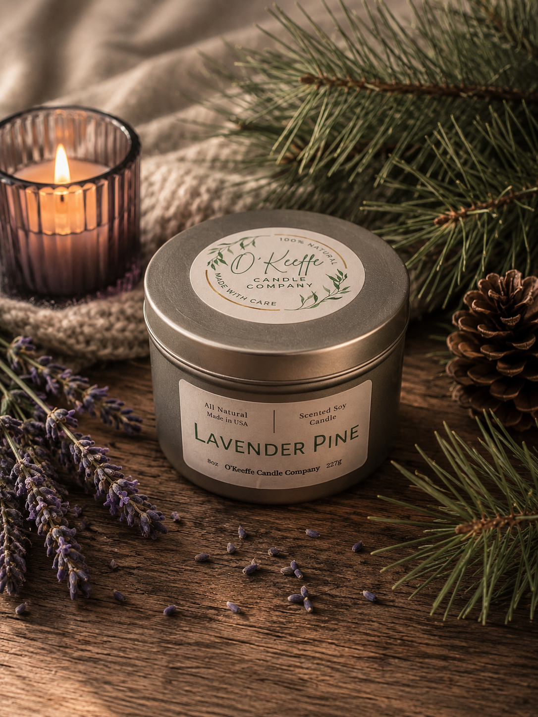 Lavender Pine soy candle with relaxing spa-inspired fragrance in cozy bedroom decor 