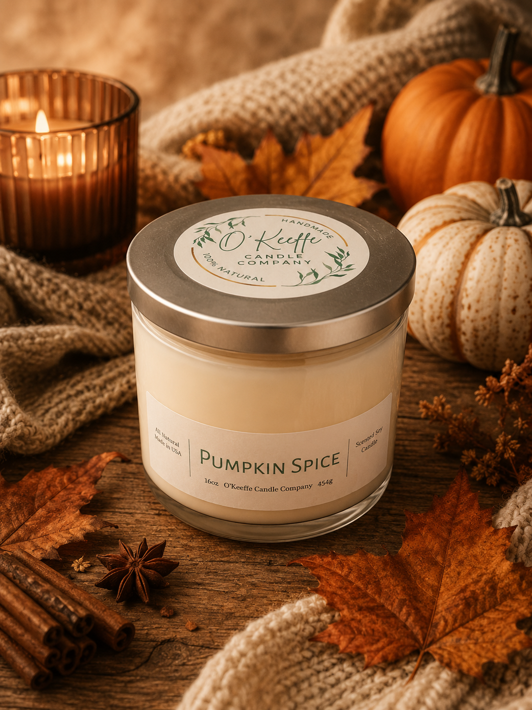 Pumpkin Spice soy candle with warm seasonal fragrance in cozy fall living room ambiance