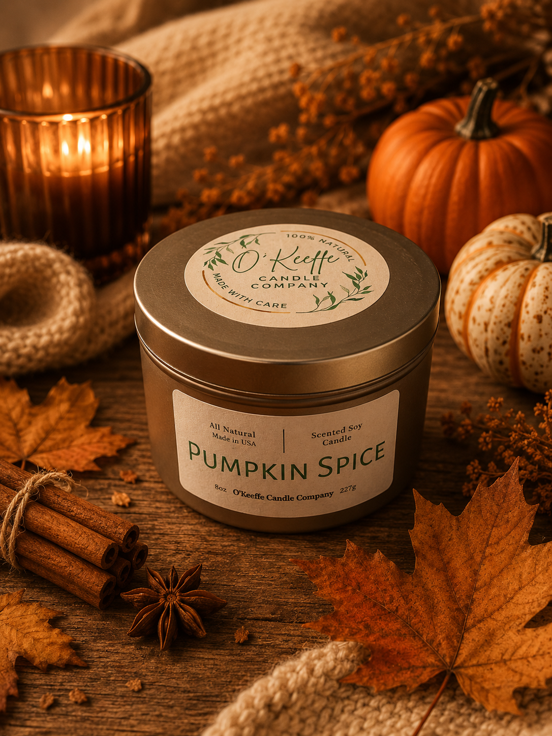 Pumpkin Spice soy candle with warm seasonal fragrance in cozy fall living room ambiance