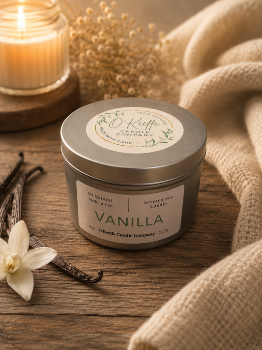 Vanilla soy candle with warm comforting fragrance in modern living room setting 